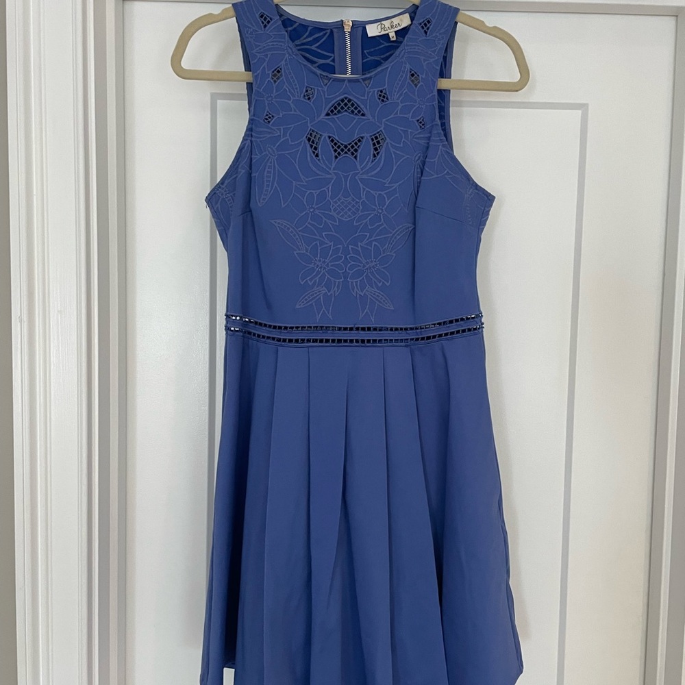 Parker Sleeveless Blue Dress with Floral Appliqué